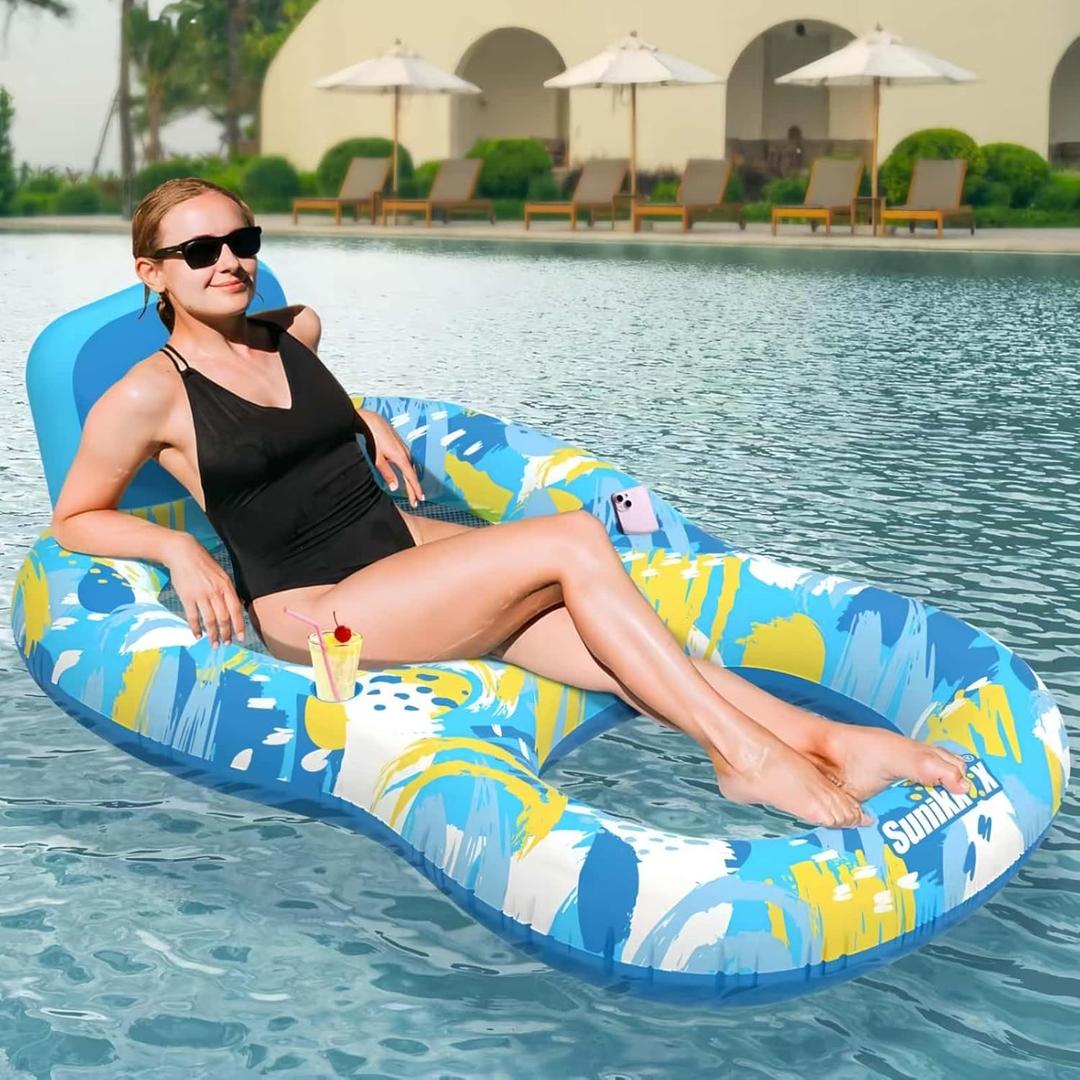 Pool Floats Adult with Backrest and 2 Cup Holder, Luxury Inflatable Chair Lounger Backrest, Cool Fun Pool Chair Floats for Summer, Swimming Pool, Beach, Enjoy Vacation (Blue)