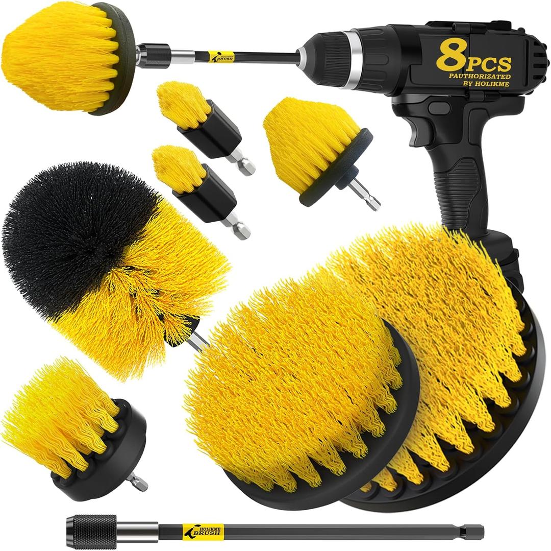 Holikme 8 Piece Drill Brush Attachments Set, Power Scrubber with Extend Long AttachmentCleaning Supplies for Bathtub, Shower, Grout, Tile(Yellow)