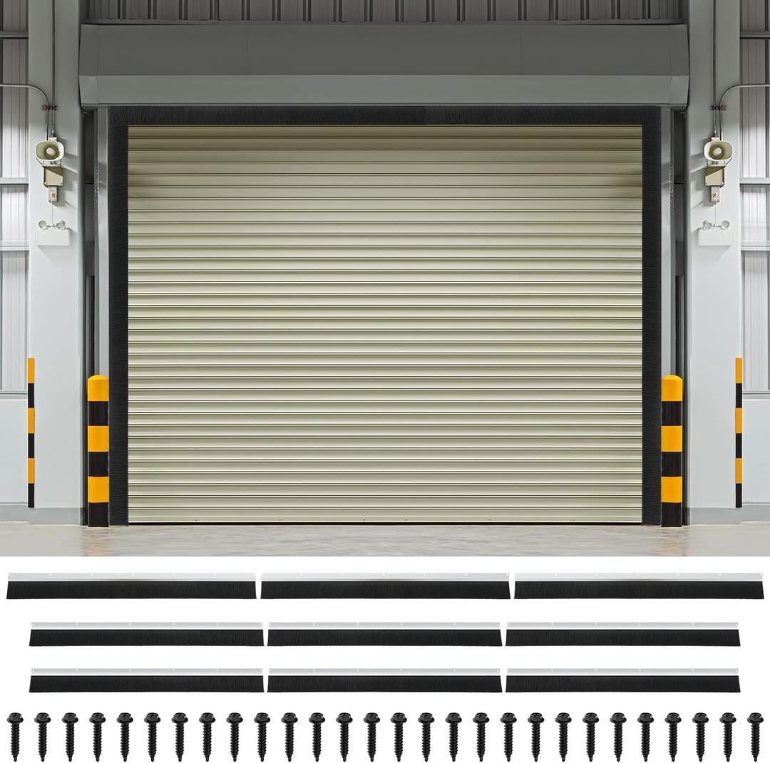 10 x 12 ft Garage Door Seal Kit, 3" Thickened Nylon Bristles with Aluminum Track, Heavy Duty Weather Roll Up Door Seal, for Commercial, Barn, Warehouse, Corrugated Doors, 3 Top & 6 Side Brushes