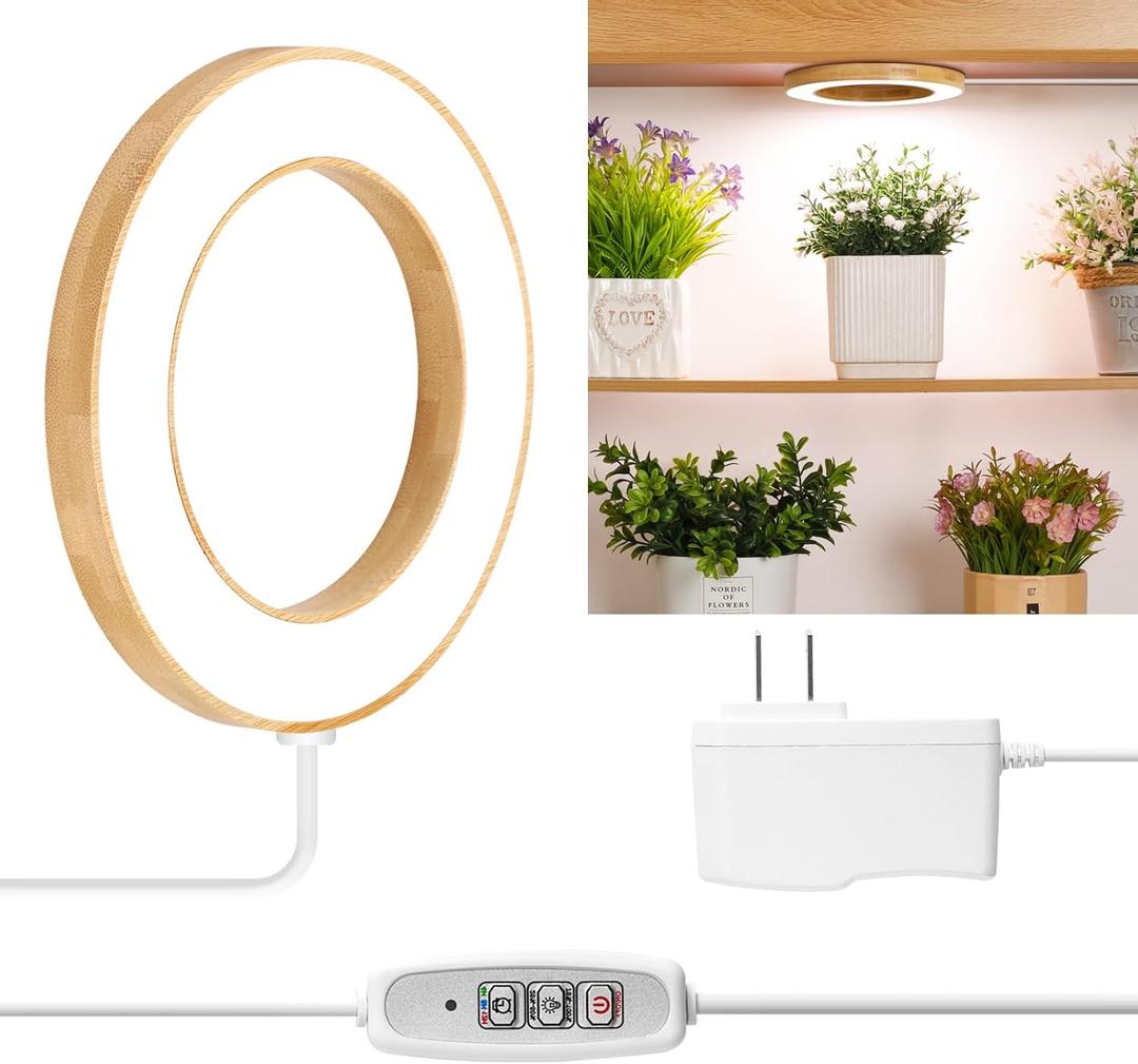 LORDEM 6.3 Bamboo Ceiling Grow Light for Indoor Plants, 72 LEDs Full Spectrum Plant Light, Corded, Halo Under Cabinet Growing Lamp with 4/8/12H Auto Timer, 4 Brightness Levels, Ideal for Pot Plants