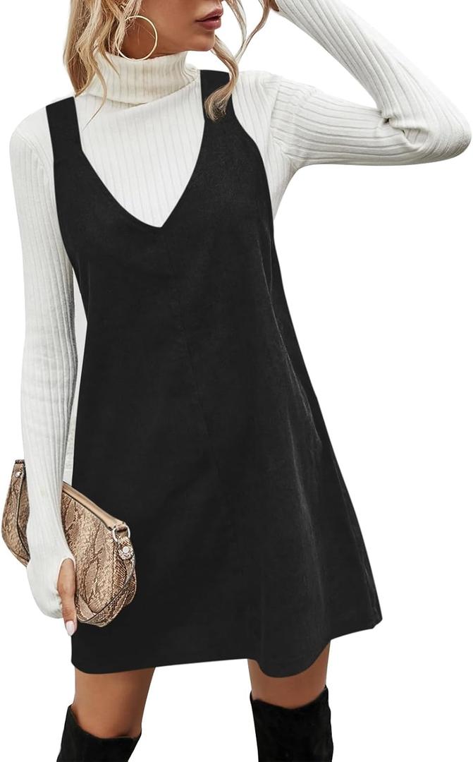 Koinshha Women V Neck Corduroy Overall Dress Casual Loose Short Pinafore Dresses Cute Mini Jumper Dress (XX-Large, Black)