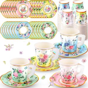160 Pcs Floral Paper Tea Cups and Saucers 7 OZ Disposable Paper Tea Cups with Handle and Plates for Tea Party Decoration Birthday Baby Shower Bridal Wedding Mother's Day