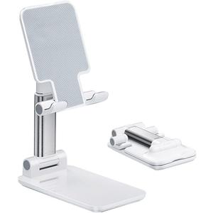 Phone Stand for Desk, Adjustable Phone Holder, Foldable Cell Phone Stand with Silicone Pad, Fully Collapsible Mobile Phone Holder, Compatible with All Mobile Phones, White