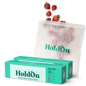 HoldOn HoldOn Zipseal Gallon Bags - Compostable, PFOA-Free, BPA-Free, Food-Safe Zip Seal Food Storage Bags/Freezer-Safe Gallon Bags With Secure Seal for Home & Travel (2-pack, 50 bags total)