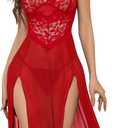 Sexy Split Mesh Lace Floral Sheer Babydoll Lingerie Outfit Dress 2 Piece with Thong Set (Large, Long Red)