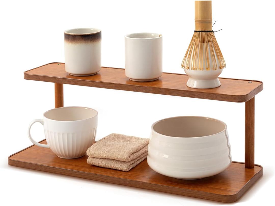 Yalikop 15.3'' 2 Tier Matcha Station Shelf Coffee Station Organizer Waterproof Bamboo Mug Holder Countertop Desk Flower Pot Holder Plant Stand Shelf Tea Coffee Bar Accessories for Kitchen Living Room