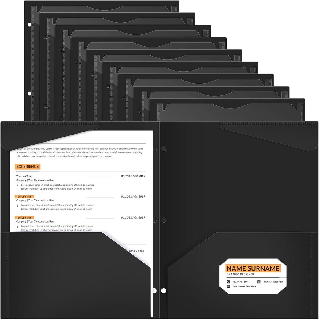 Henoyso 36 Pcs Black Plastic Folders with 2 Pockets and Clear Front Pocket 3 Holes for 3-Ring Binder Durable Poly Folder for School, Office & Home Organization