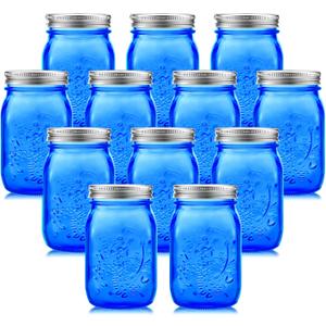 12 Pieces 32 oz Colored Mason Jars Glass Mason Jars with Lids Glass Wide Mouth Canning Jar NOT Allowed Dishwasher(Dark Blue)