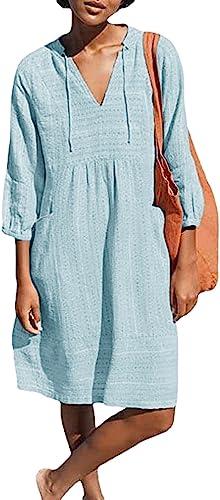 Lafural Womens V Neck Cotton Casual Loose Shift Tunic Smock Summer Dresses Vacation Dress 3/4 Sleeve Pocket Blue XL