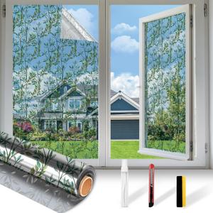Upgraded Window Privacy Film One Way Daytime Privacy Static Cling Sun Blocking Anti UV Reflective Window Tint for Home and Office (Silver Leaves, 45.27 X 78.7 in)