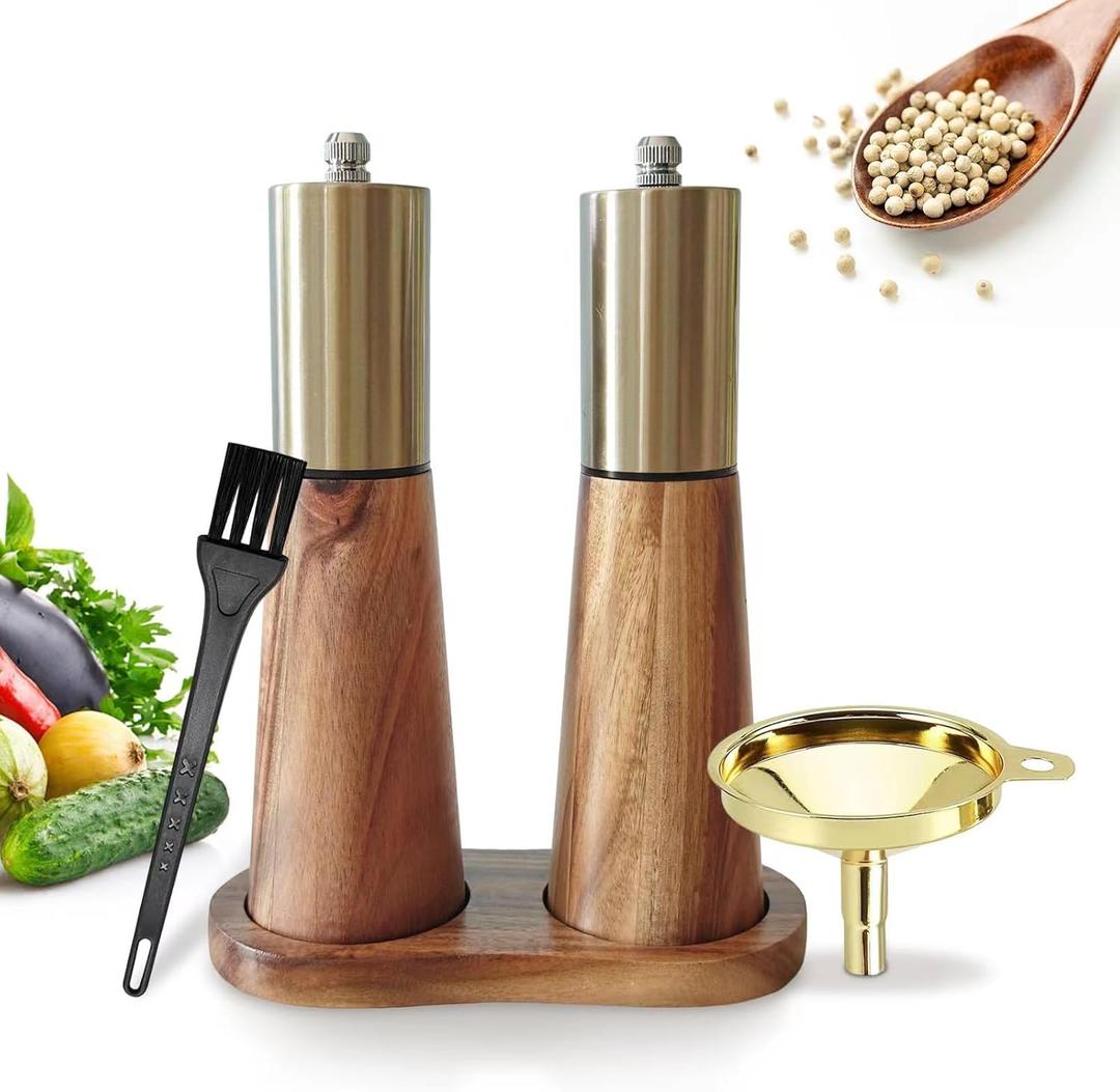 Gold Salt and Pepper Grinder Set,Wooden Pepper Grinder, Manual Salt and Pepper Mill,Adjustable Thickness,Stainless Steel Top,Suitable For Kitchen,Barbecue,Picnic,2 Packs for Refillable Pepper Grinder