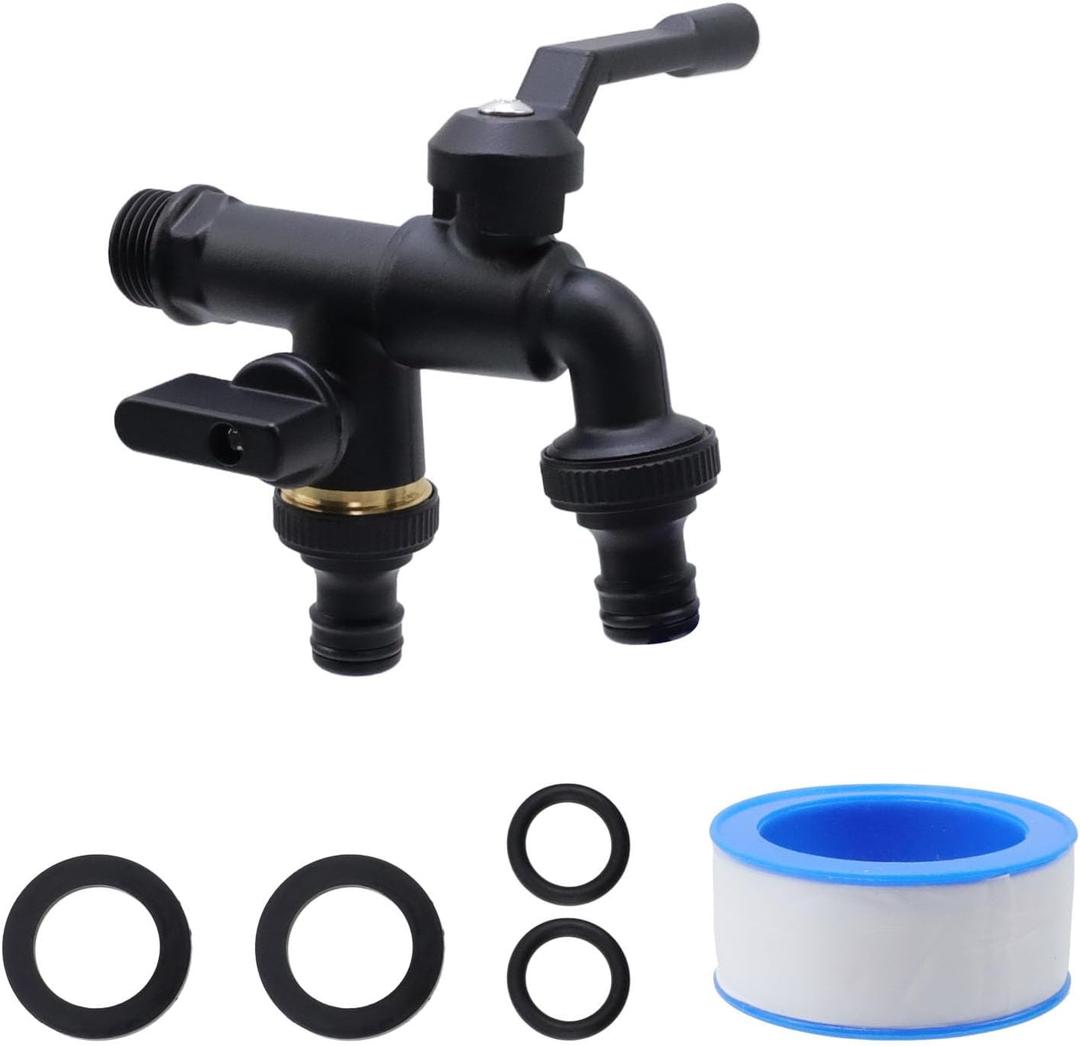 Antrader Black Double Taps Water Faucet,1/2" Pure Copper Frost Proof Outside Spigot Replacement,2 Way Wall Mounted Brass Water Tap with Independent Handle for Lawns,Balcony,1Pcs