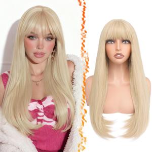 BARSDAR Long Blonde Wig With Bangs - Long Straight Blonde Wig with Bangs for Women - 24 Inch Natural Looking Thick Soft Synthetic Hair Replacement Wigs Daily Cosplay Party Halloween