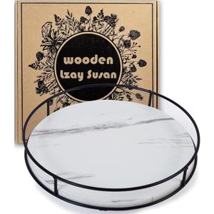 12 Inch White Lazy Susan Turntable for Table, Kitchen Rustic Brown Turntable Organizer with Steel Frame, 360 Degree Decorative Lazy Susan for Countertop Cabinet or Centerpieces
