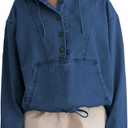 Aomice Women's Denim Hoodie Half Button Down Pullover Jacket Jean Sweatshirt Tops with Pockets Dark Blue M