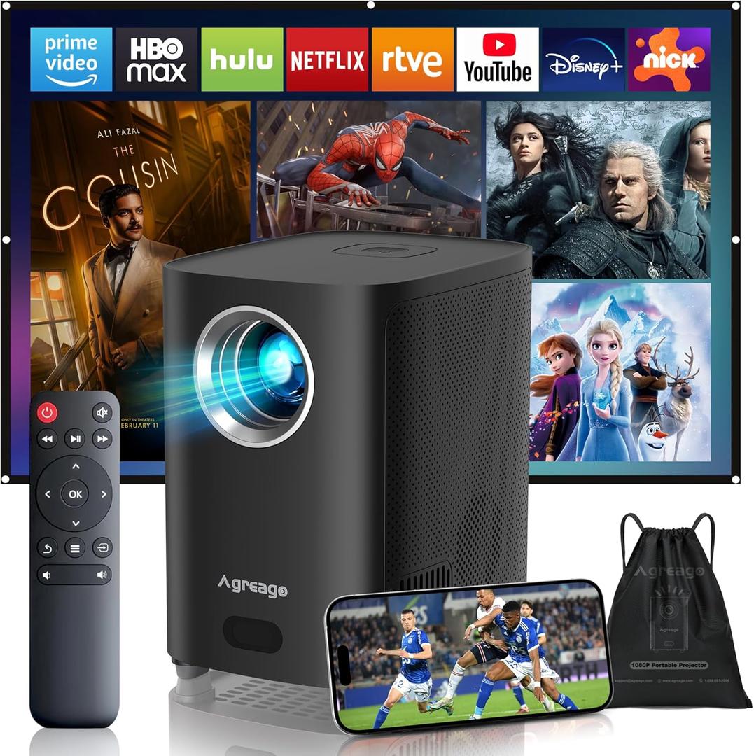 [Electric Focus] Projector with WiFi and Bluetooth, Native 1080P 15,000 Lumens 4K Supported, Agreago Outdoor Movie Projector for Home Theater UP to 300", for iOS/Android/TV Stick/HDMI/USB (Black)