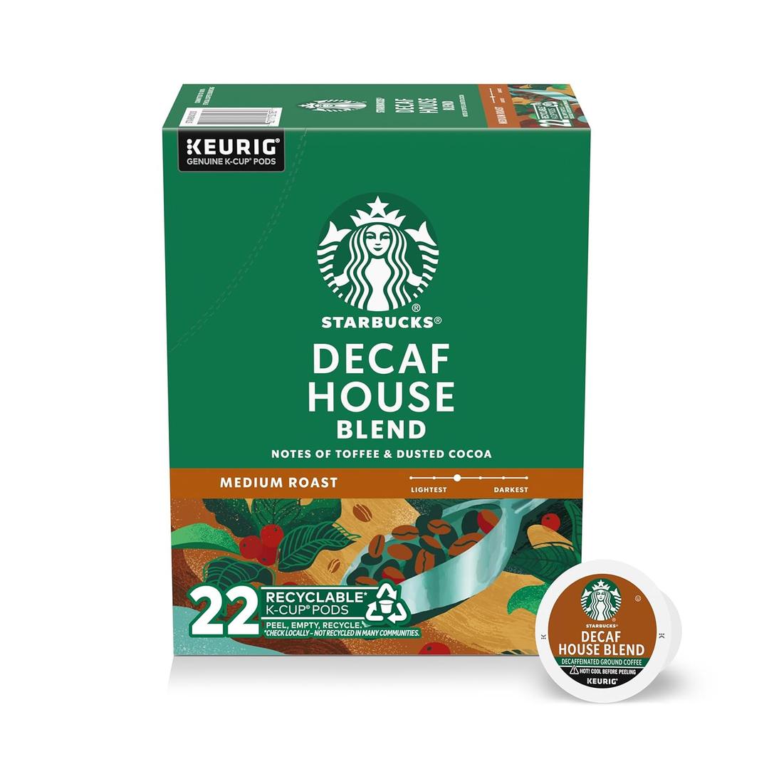 Starbucks K-Cup Coffee Pods, Medium Roast Hot or Iced Coffee, Decaf House Blend, 22 Keurig Pods
