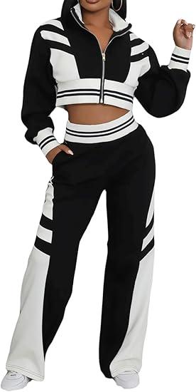 KANSOON Women Sweat Suits 2 Piece Set Color Block Crop Jackets and Jogger Sweatpants Track Outfits Black XL