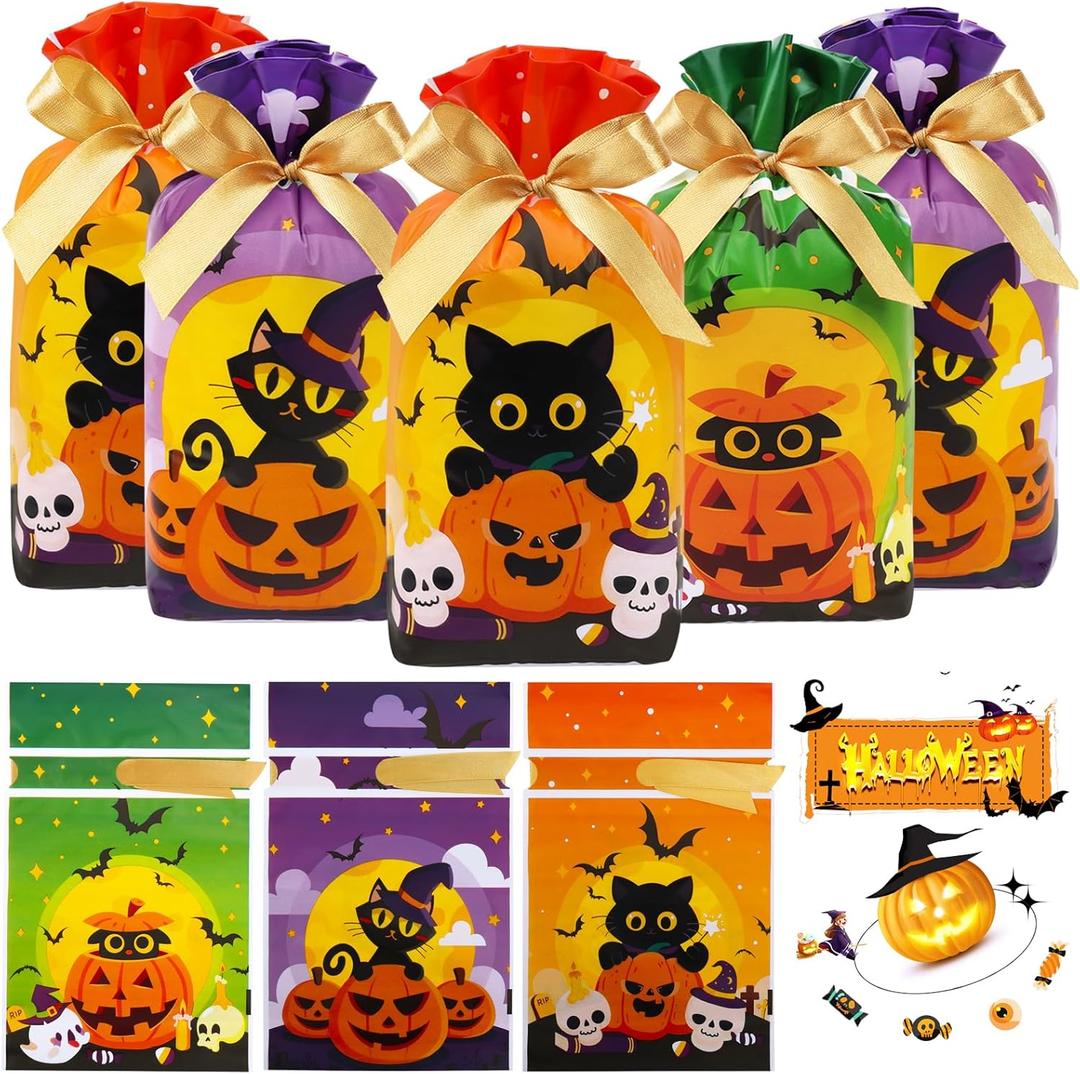 HRX Package 50pcs Halloween Treat Bags, 5.8x9x2.4 inch Drawstring Candy Goodie Bags for Trick or Treat (Orange Purple Green)