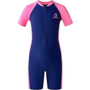 karrack Girls and Boys One Piece Rash Guard Swimsuit Kid Water Sport Short Swimsuit UPF 50+ Sun Protection Bathing Suits (6-7 Years, Blue-pink)
