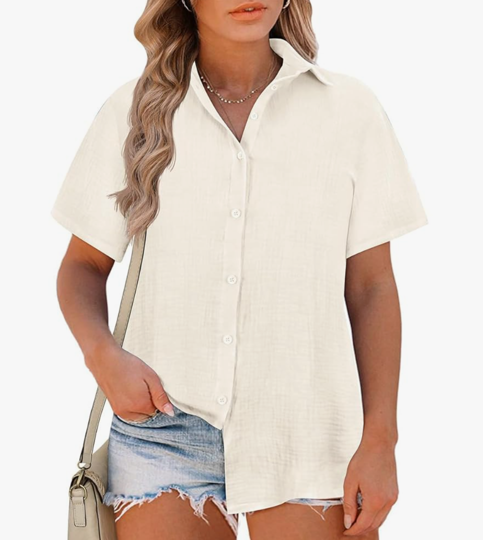 RITERA Womens Plus Size Tops Button Down Roll-Up Cuffed Short Sleeve Casual Shirts Collared Summer Lightweight Blouse, L