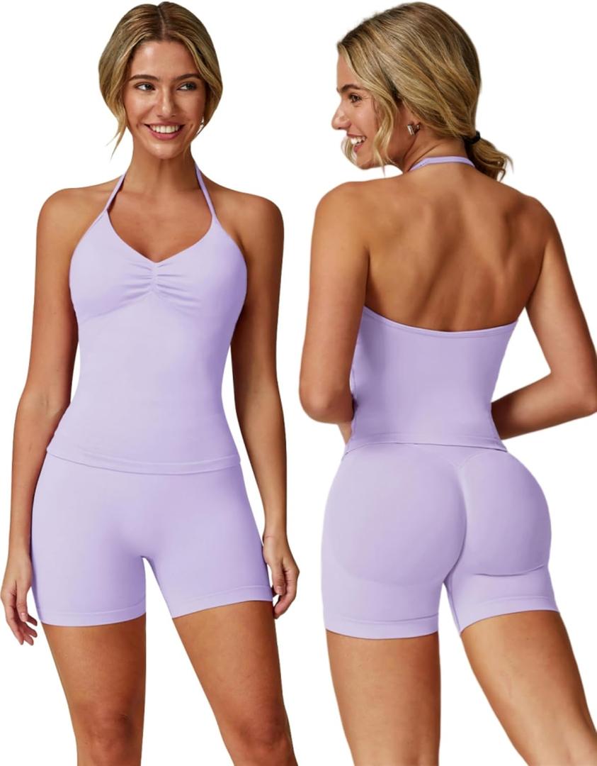 ABOCIW Workout Sets for Women 2 Piece Seamless Impact Longline Strappy Top Scrunch Butt High Waist Biker Shorts Gym Set (Small, Lilac)