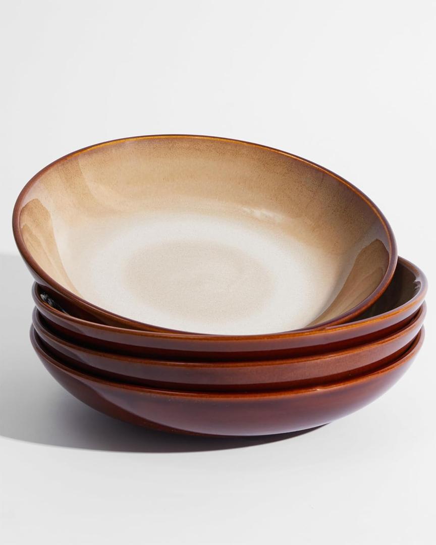 Pokini Ceramic 32 Oz Pasta Bowls, 8.75 Inch Reactive Glaze Pasta Bowl Set of 4, Microwave & Dishwasher Safe, Large Wide Serving Bowls for Salad, Dessert, Soup, Fruit, Brown and Yellow