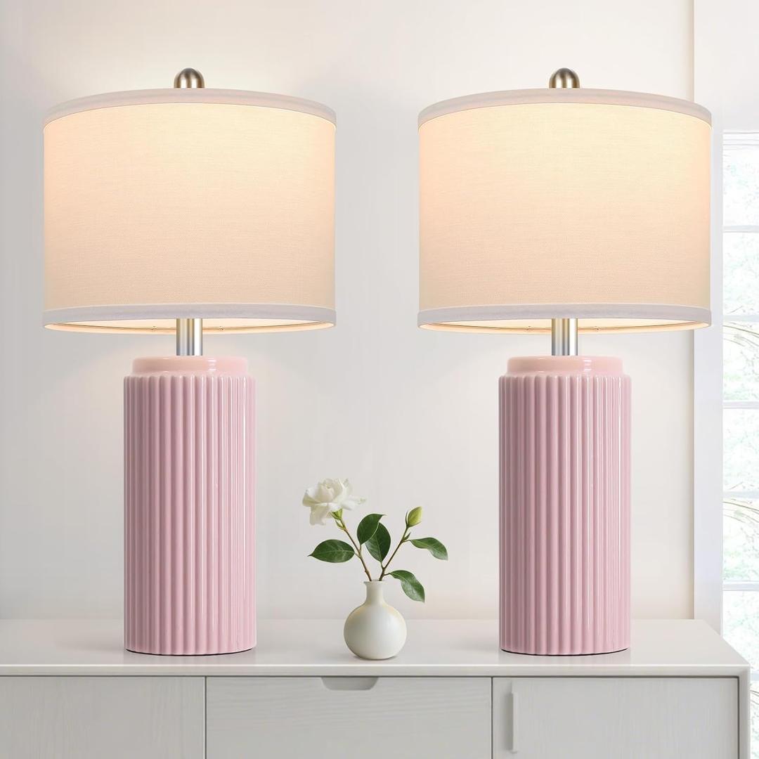 23.5 Modern Pink Table Lamps Set of 2 for Living Room, Ceramic Bedside Lamps with White Linen Shade for Girls Room, Rustic Nightstand Lamps for Bedroom Home Office, Cute Lamps for End Table Dorm