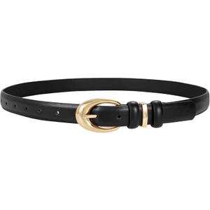 Women Leather Belt for Jeans Pants Fashion Ladies Skinny Faux Leather Dress belt with Gold Buckle (Fit Waist Size 27"-31", Black)