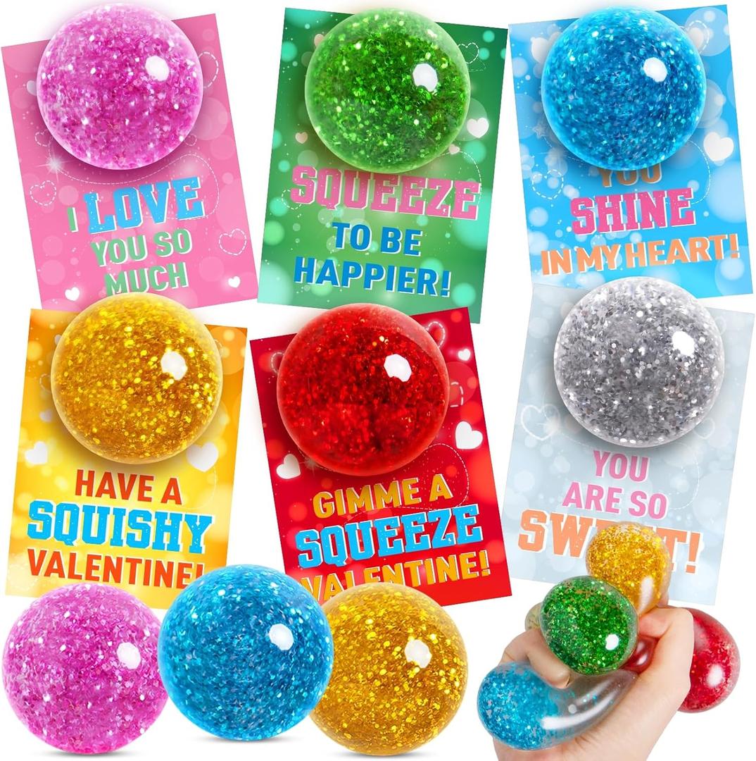 Valentines Day Cards for Kids School, 24 Pack Valentines Day Gifts for Kids, Valentines Cards for Kid Classroom with Stretchy Balls, Valentines Party Favors Exchange Gift for Boys Girls
