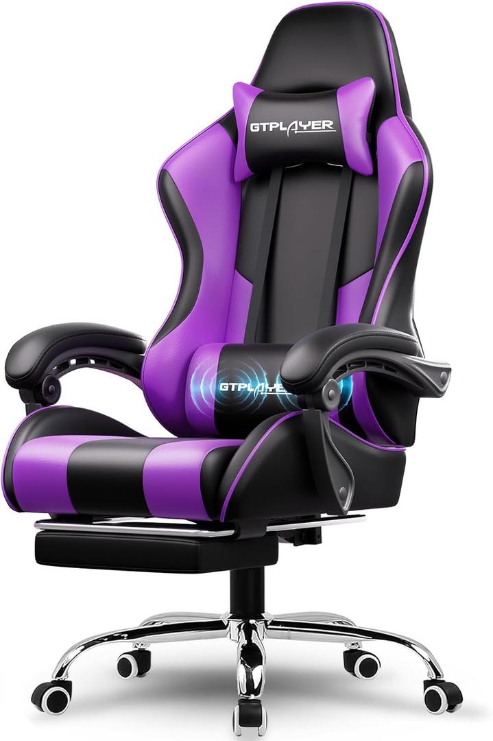 GTPLAYER Gaming Chair, Computer Chair with Footrest and Lumbar Support, Height Adjustable Game Chair with 360-Swivel Seat and Headrest and for Office or Gaming (Faux Leather, Purple)