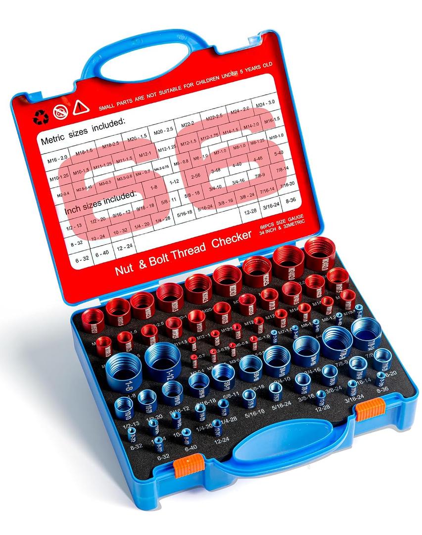 66 Nut and Bolt Thread Checker with Storage Box, Thread Checker Measuring Tool(34 Metric & 32 Standard), Bolt Size and Thread Gauge Finder Suitable for inspecting in Narrow and Tricky Areas