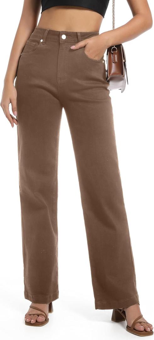 Women's Jeans High Waisted Straight Leg Stretchy Jeans Trendy Wide Leg Tummy Control Loose Casual Denim Pants (Brown), 6 Short