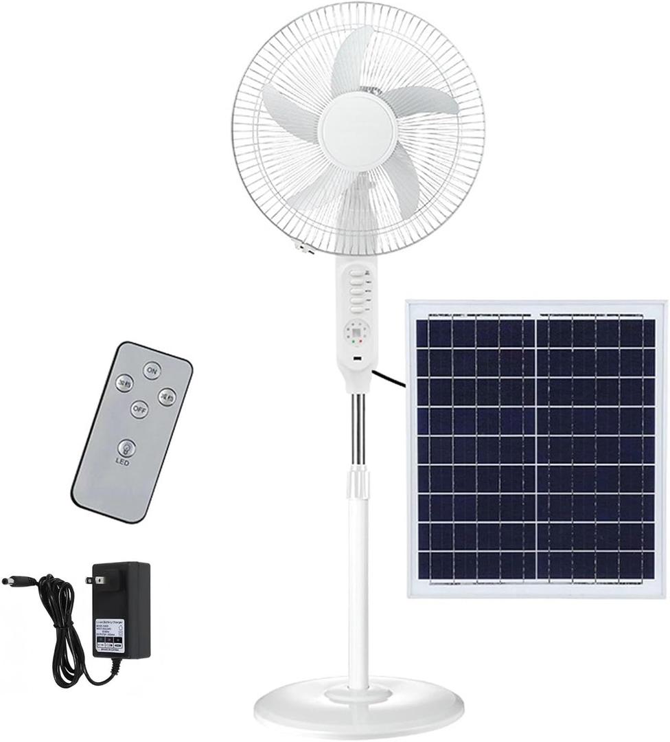 16'' Solar Pedestal Oscillating Fan with Solar Panel, Camping Fans, 3 Speed Settings, Remote Control, Two Charging Methods, Portable Floor Fan, for Home Warehouse Outdoor(White)