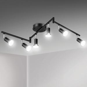 Unicozin LED 6 Light Track Lighting Kit, 46.5'' Black 6 Way Ceiling Spot Lighting, Flexibly Rotatable Head, Track Light Included 6 x LED GU10 Bulb (4W, Daylight White 5000K, 400LM)