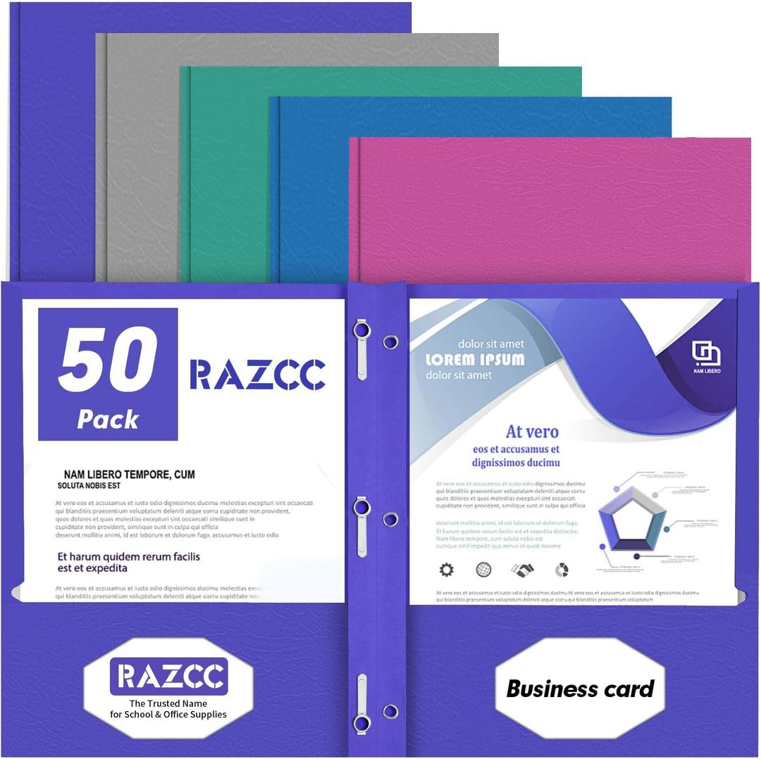 Two Pocket Folders, RAZCC 50 Pack Two Pocket with Prongs, 3 Prong Pocket Folders Letter Size, Paper Folders with Prongs for School Office Home Business, Assorted 5 Colors