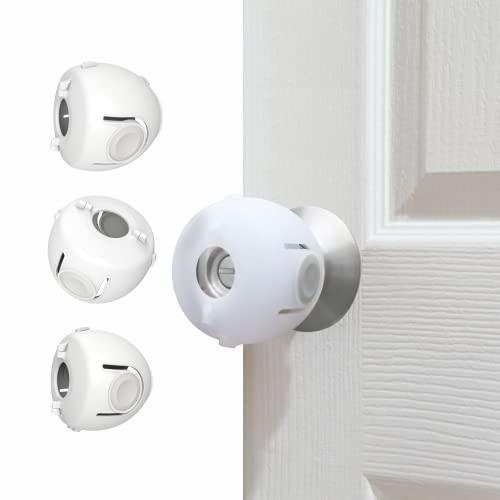Heart of Tafiti Child Proof Door Knob Covers, 4-Pack, White - Baby Safety Door Knob Covers for Toddlers, Snap-in Design for Easy Install, Durable & Non-Toxic, Fits Standard Round Knobs