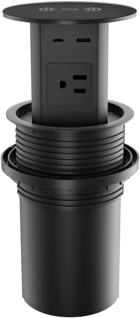 Pop Up Outlet - 4-Inch Hole, 4-AC Outlet, 20W USB C, 15W Wireless Charging, 2-USB Port,Desktop Recessed Grommet Power Outlet For Kitchen Island Countertop, 6 Ft Cable, Black