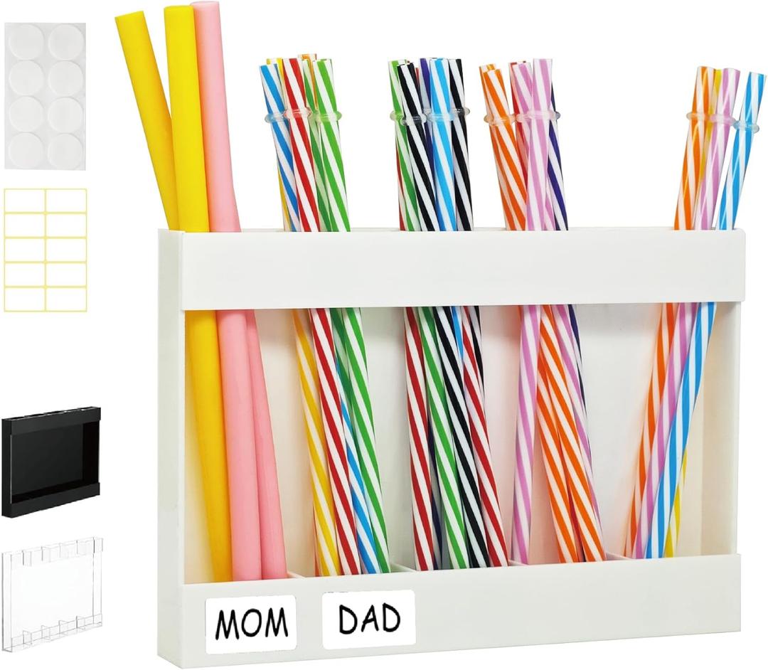 Straw Holder, Transparent Acrylic Straw Dispenser with Double Sided Adhesive Tape and Stickers,Organizer for Cupboard Reusable for Kitchen Counter (White)