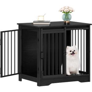 Hzuaneri 27.2" Dog Crate Furniture with Barn Door, Heavy Duty Dog Kennel Indoor with 2 Doors, Wooden Pet Cage End Table for Small Medium Dogs up to 22 lb, Anti-Chew Anti-Escape, Black DFC84304B