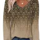 Alaroo Womens Long Sleeve Shirts Pleated V Neck Curved Hem Fall Winter Tunic Tops Blouses Print (M)