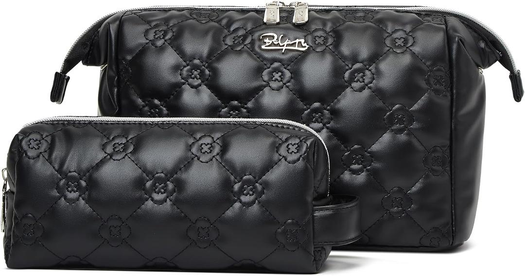 BOYATU Travel Makeup Bag Cosmetic Pouch: 2 Pcs Set Waterproof Vegan Leather Cosmetic Bags for Women - Cute Quilted Skincare Make up Toiletry Bag for Girl (02-Black)