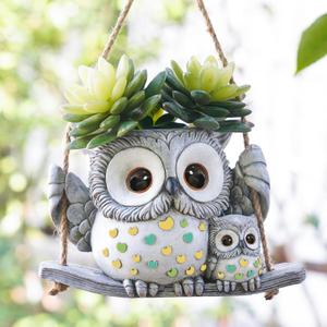 Swing Owl Hanging Planters for Indoor Plants, Cute Small Succulent Pots with Drainage Hole, Unique Resin Plant Hangers Outdoor, Hanging Plant Holder for String Of Pearls, Gift Ideas for Mother (Grey-2)