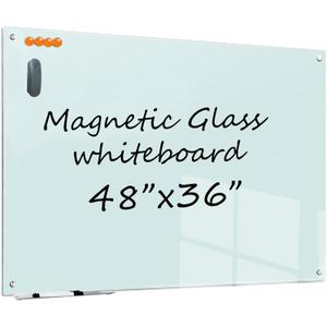 Glass Dry Erase White Board - 48 x 36 Inches Magnetic Glass Whiteboard for Wall Mounted, 4' x 3' Frameless Boards for Classroom Home, Office Supplies