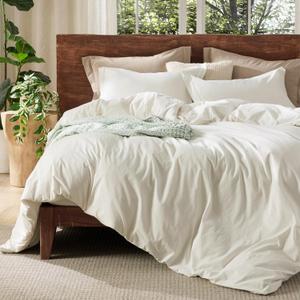 Bedsure 100% Washed Cotton Duvet Cover King Size - Cream Minimalist Cotton Duvet Cover Linen Like for All Seasons - GentleSoft Plain Simple Bedding (Cream, King, 104"x90")