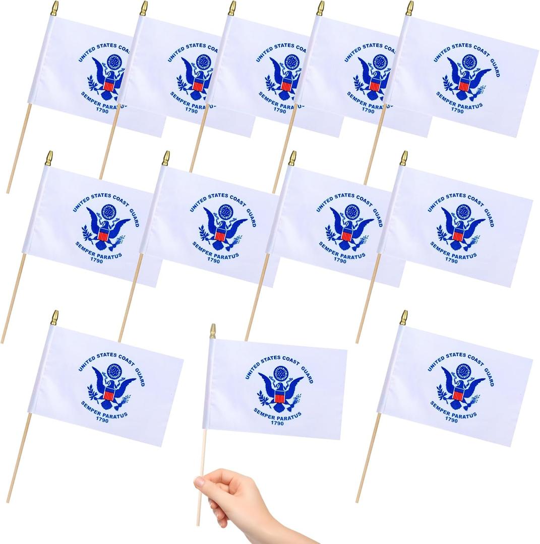 12 Pack USA Coast Guard Miniature Small Wooden Stick Flags Military Mini Handheld Flag Patio Lawn & Garden Outdoor Decorations,8x5 Inch