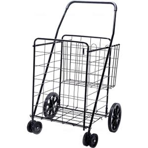 LS Jumbo Deluxe Foldable Utility Shopping Cart with Dual Swivel Wheels and Double Basket- 200 lb Capacity