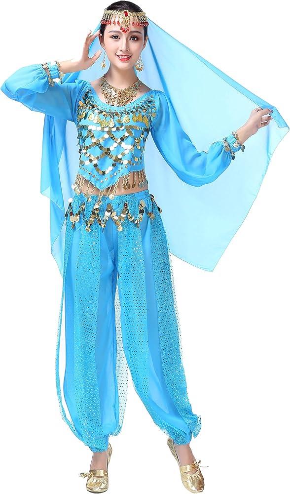 Lauthen.S Women Belly Dance Outfit Coins Top Pants Face Veil Set Halloween Costume Size S