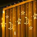 138 LED Star Moon Lights, Twinkle Christmas Curtain String Lights with 8 Modes, Battery Operated Fairy Star Moon with Hooks, Hanging Decor for Ramadan, Bedroom, Wedding, Warm White