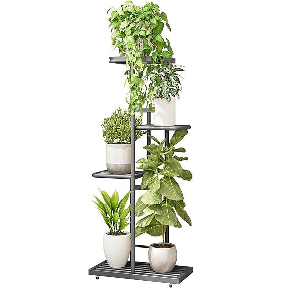 LINZINAR Plant Stand Indoor Outdoor Metal 4 Tier 5 Potted Multiple Flower Pot Holder Shelf Planter Display Shelving Unit for Patio Garden Corner Balcony Living Room (4 Tier 5 Potted, White)
